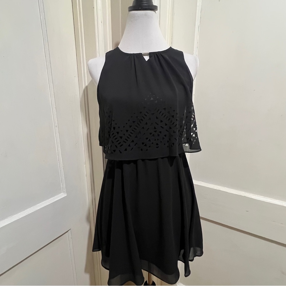 IN Girl Black Sleeveless layered Dress with Lazer Cutouts Girls Size 16